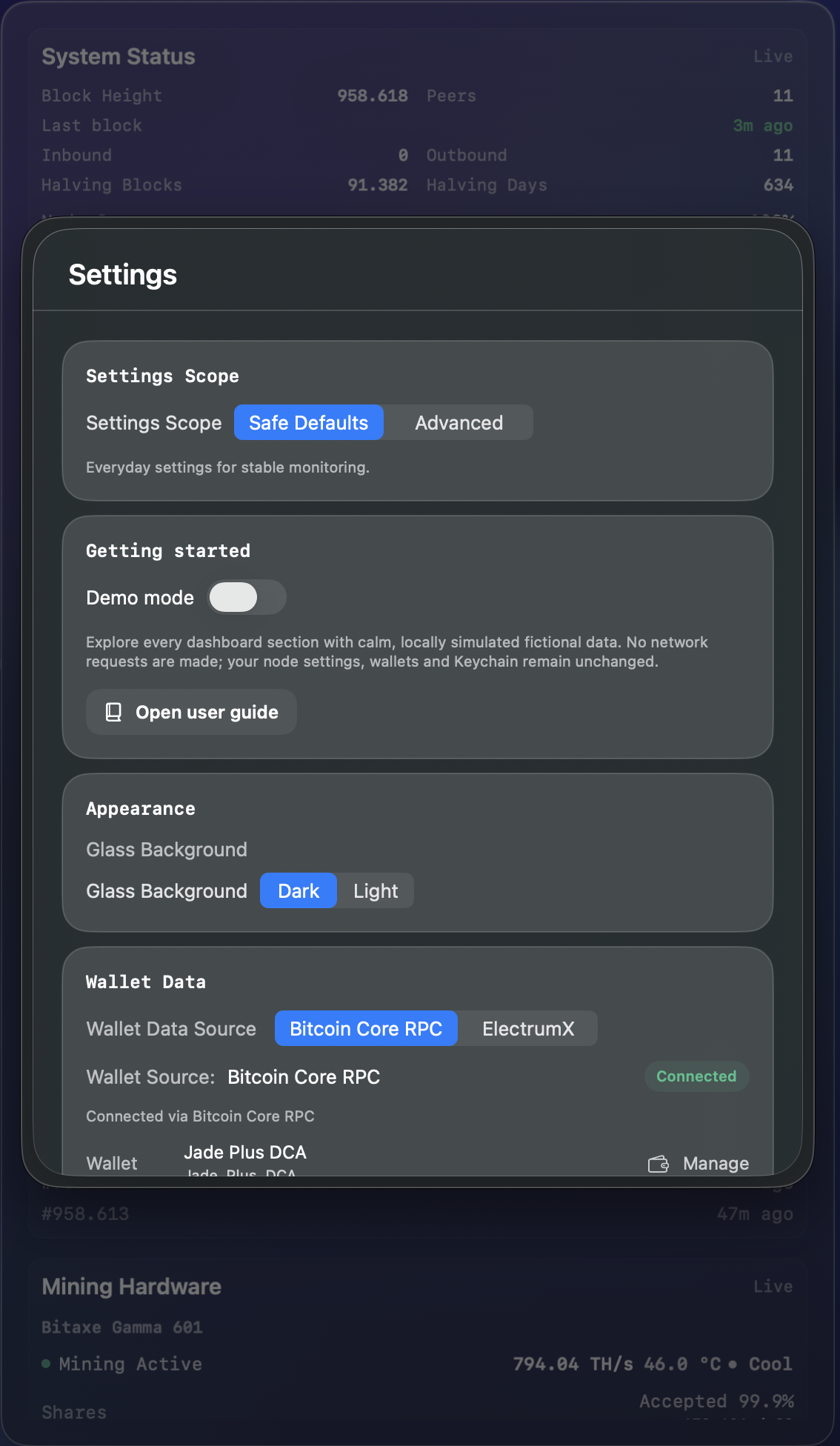Settings: transport policy, privacy and profiles