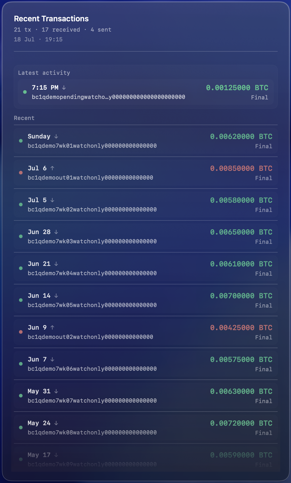 Wallet view: watch-only history, confirmations and DCA streak